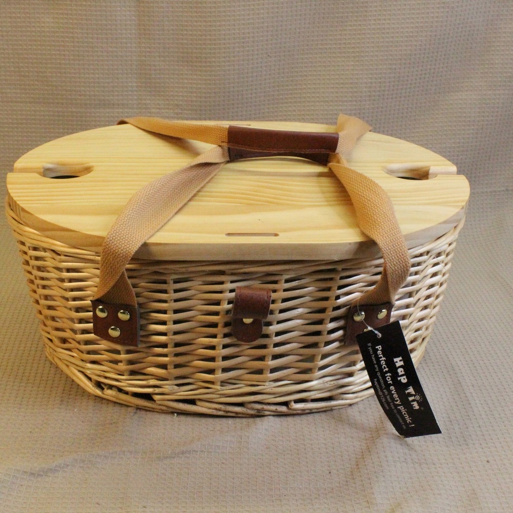 Hap Tim Wicker Picnic Basket Insulated Wine Table Lid Cottagecore Boho Tan